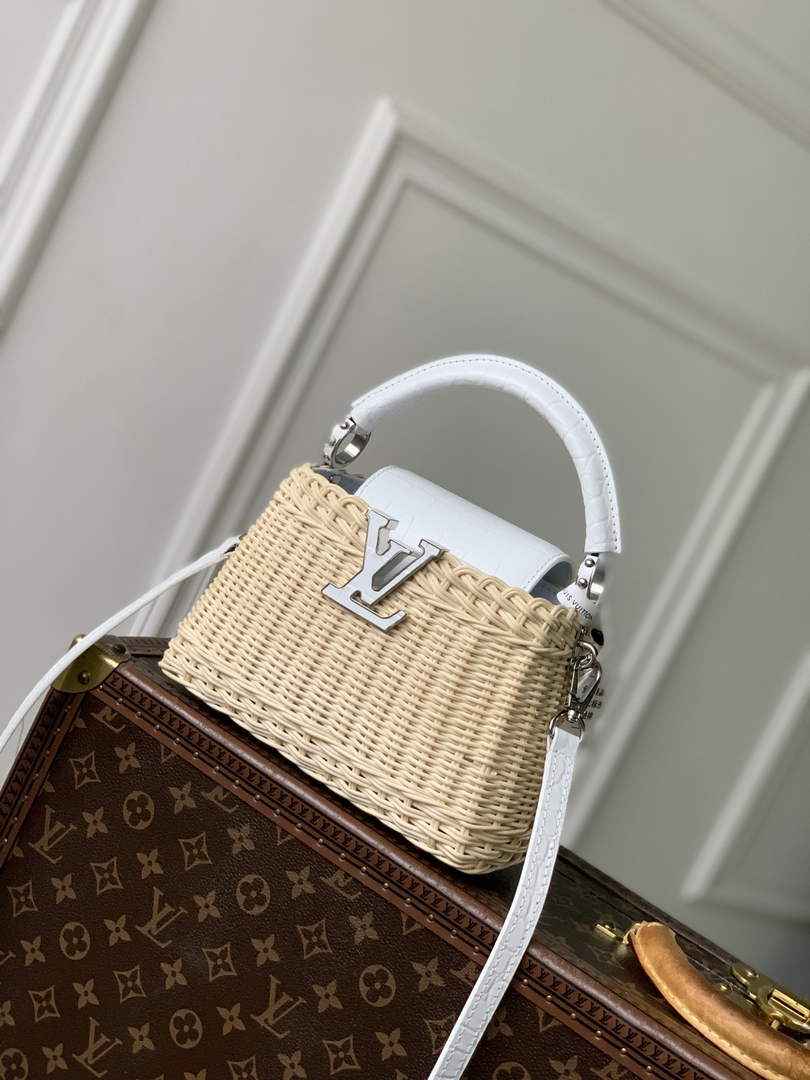 Louis Vuitton Capucines Mini Bag, M11798 White Crocodile and Rattan