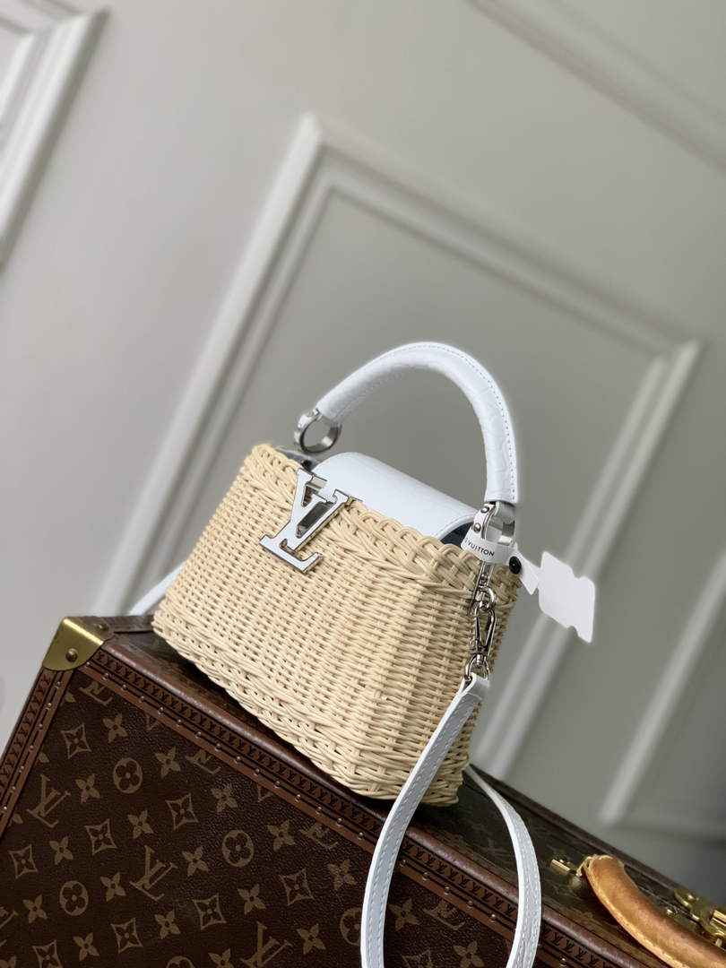 Louis Vuitton Capucines Mini Bag, M11798 White Crocodile and Rattan