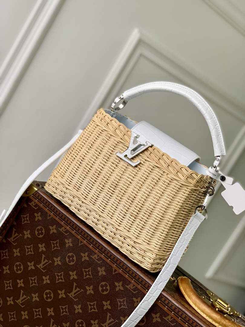 Louis Vuitton Capucines BB Bag, N88126 White Crocodile and Rattan