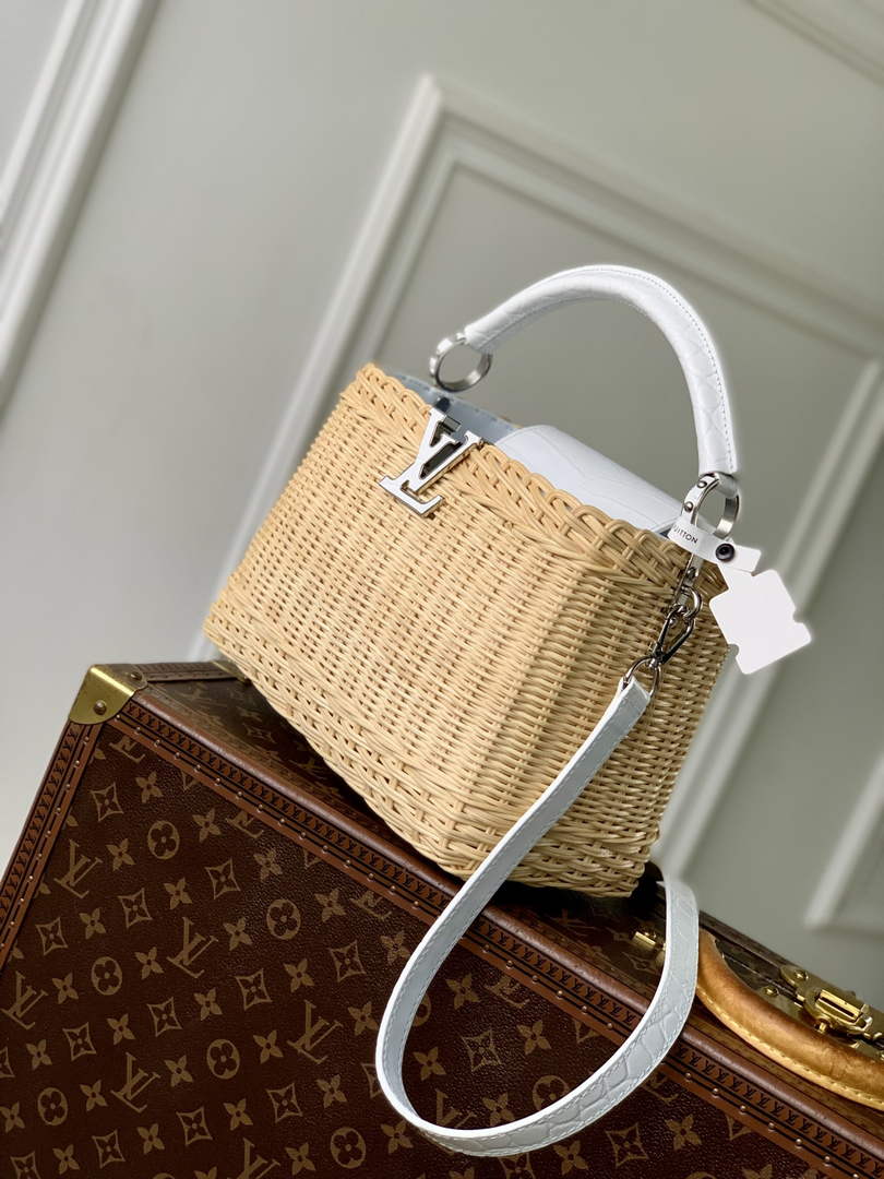 Louis Vuitton Capucines BB Bag, N88126 White Crocodile and Rattan