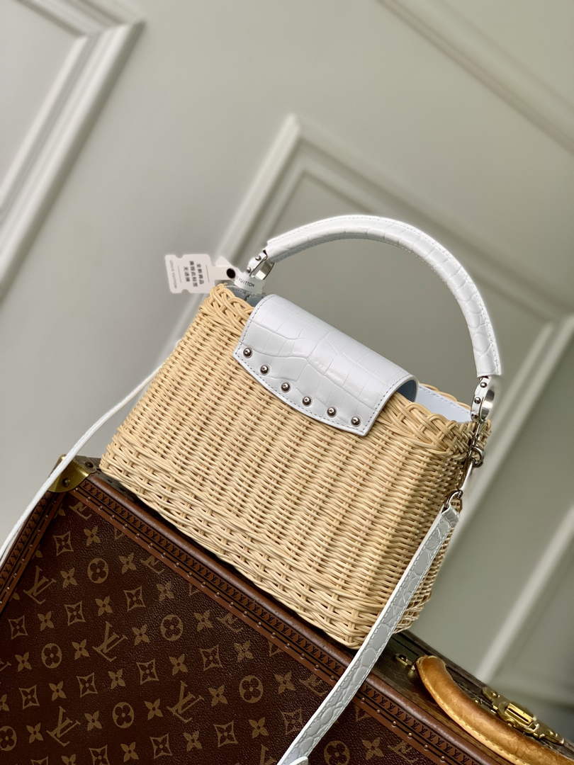 Louis Vuitton Capucines BB Bag, N88126 White Crocodile and Rattan
