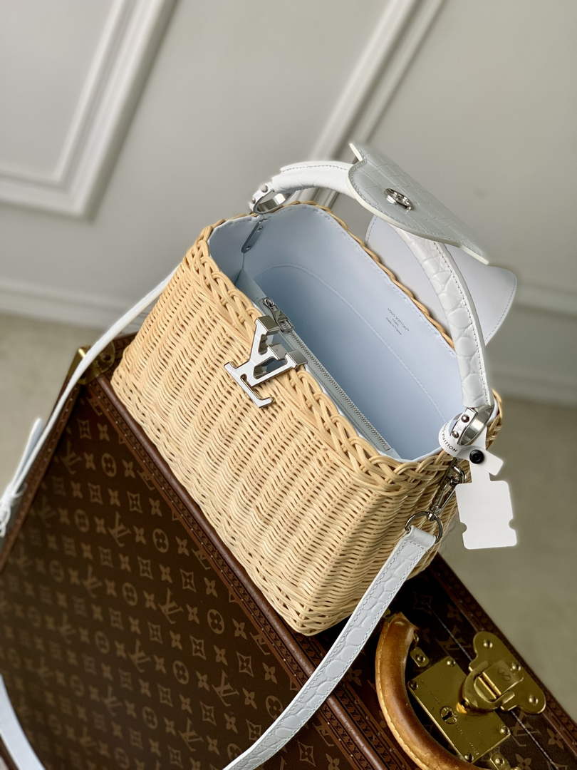 Louis Vuitton Capucines BB Bag, N88126 White Crocodile and Rattan