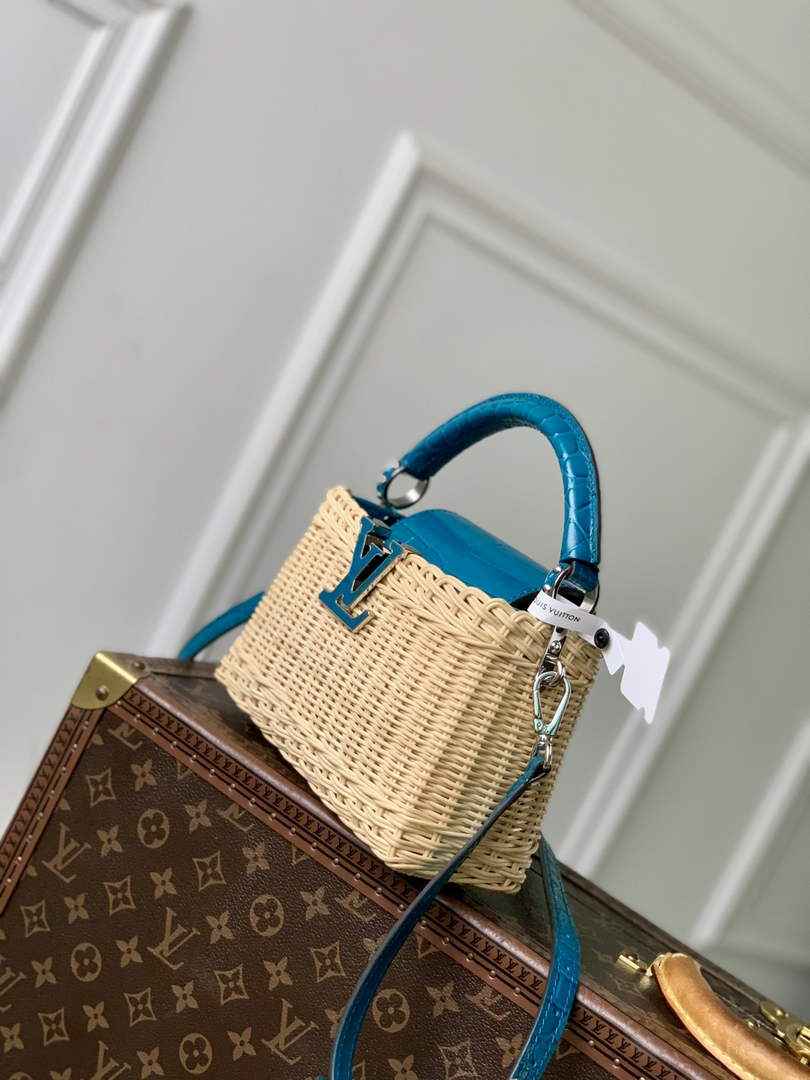 Louis Vuitton Capucines Mini Bag, M11798 Blue Crocodile and Rattan