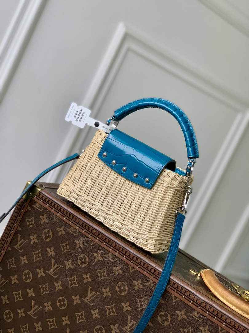 Louis Vuitton Capucines Mini Bag, M11798 Blue Crocodile and Rattan