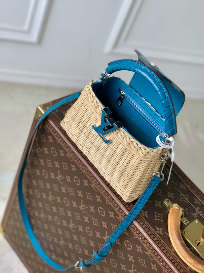 Louis Vuitton Capucines Mini Bag, M11798 Blue Crocodile and Rattan
