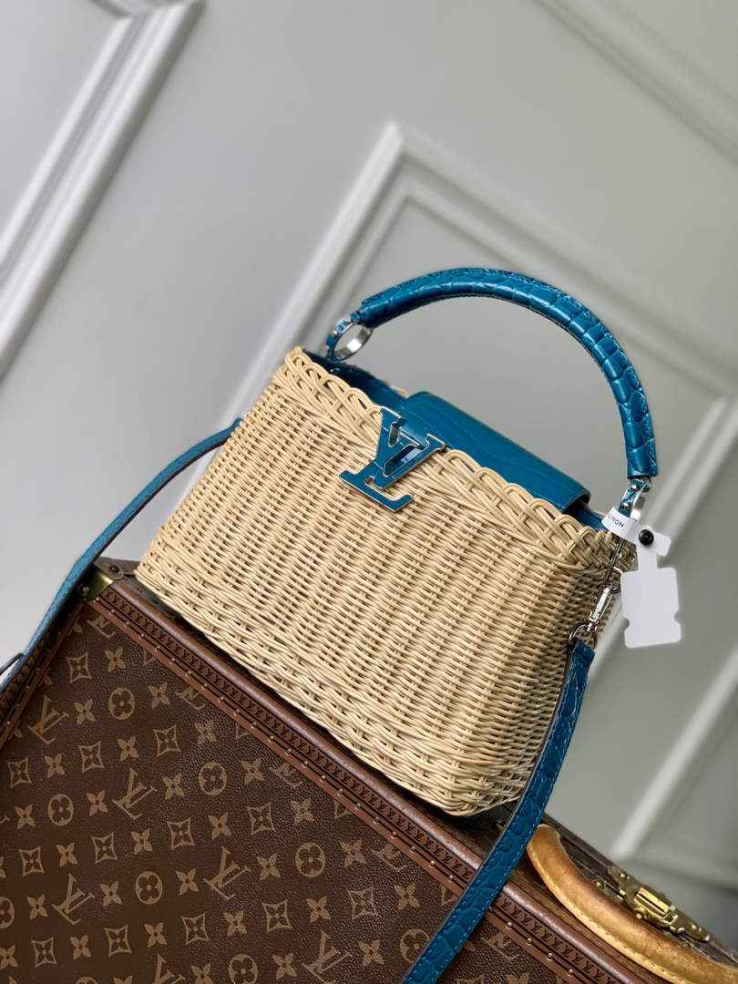 Louis Vuitton Capucines BB Bag, N88126 Blue Crocodile and Rattan
