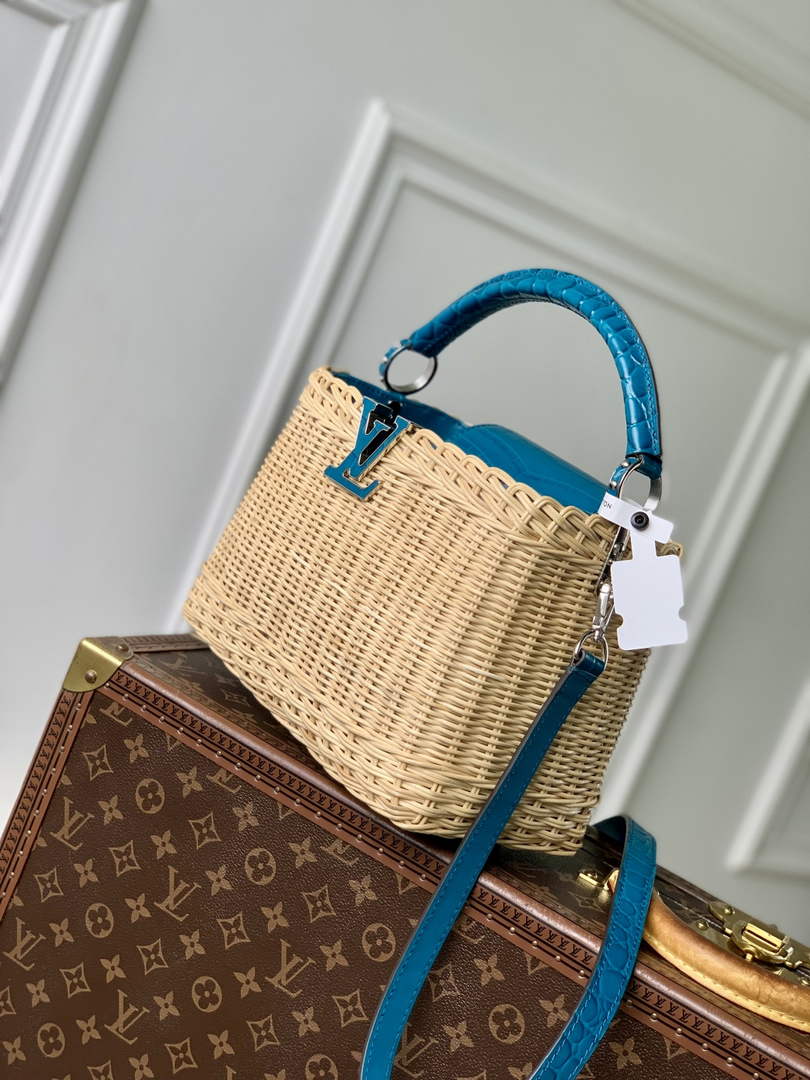 Louis Vuitton Capucines BB Bag, N88126 Blue Crocodile and Rattan