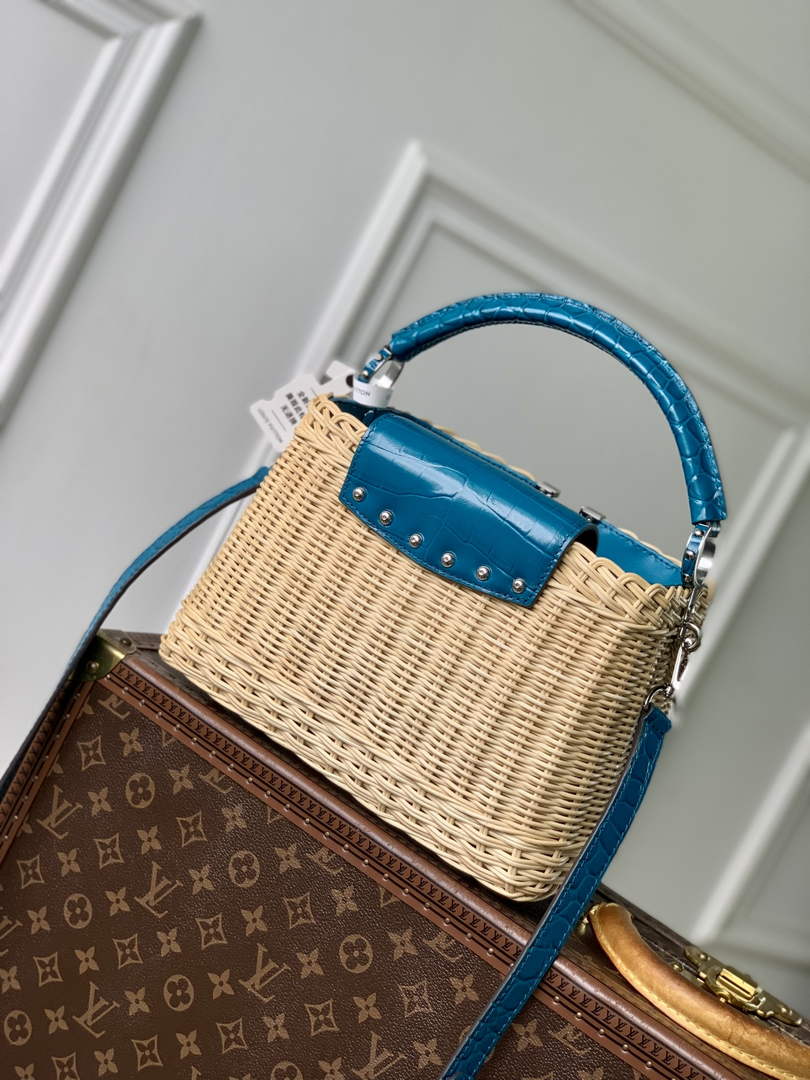 Louis Vuitton Capucines BB Bag, N88126 Blue Crocodile and Rattan