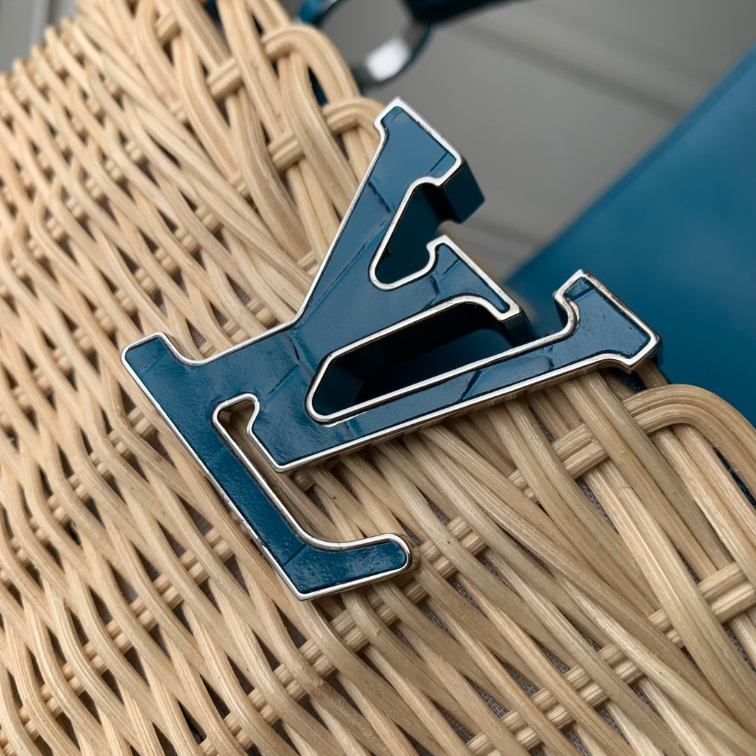 Louis Vuitton Capucines BB Bag, N88126 Blue Crocodile and Rattan