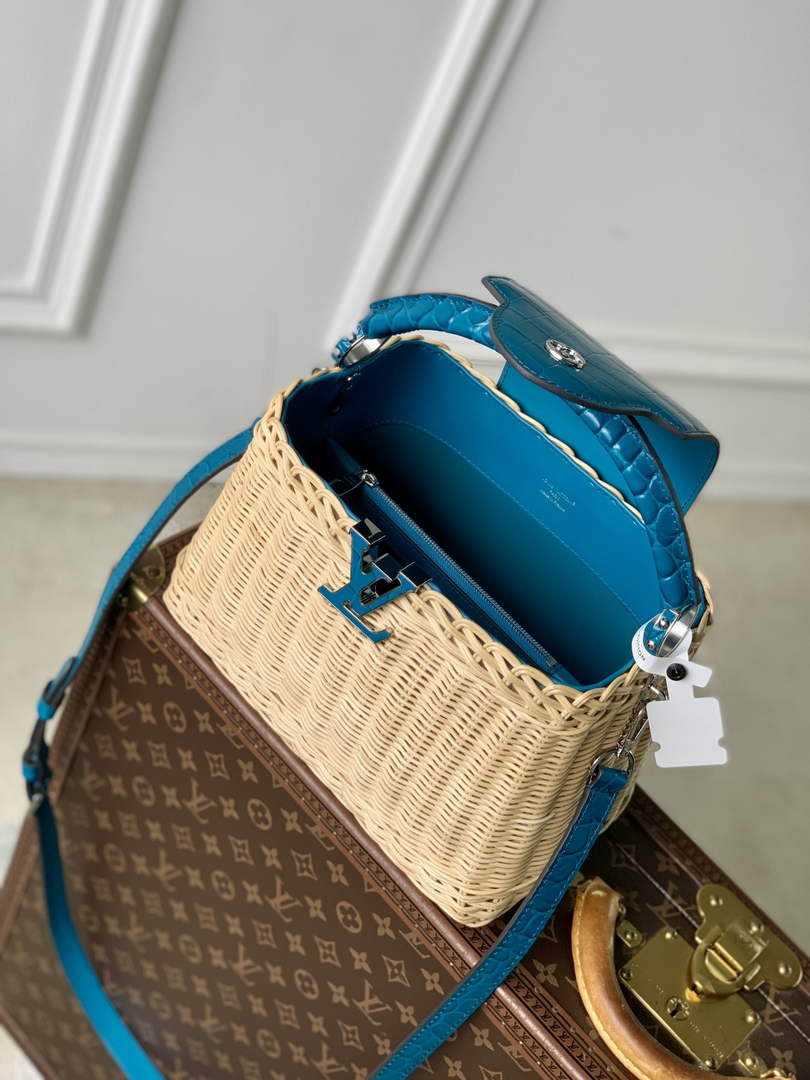Louis Vuitton Capucines BB Bag, N88126 Blue Crocodile and Rattan