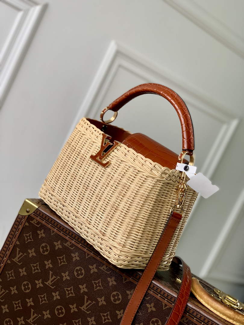 Louis Vuitton Capucines BB Bag, N88126 Brown Crocodile and Rattan