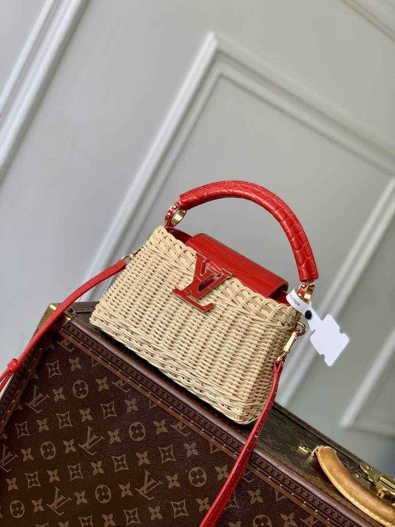 Louis Vuitton Capucines Mini Bag, M11798 Red Crocodile and Rattan