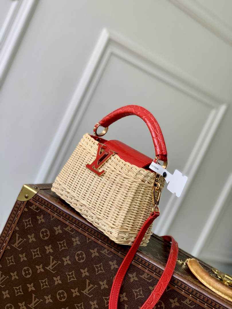 Louis Vuitton Capucines Mini Bag, M11798 Red Crocodile and Rattan