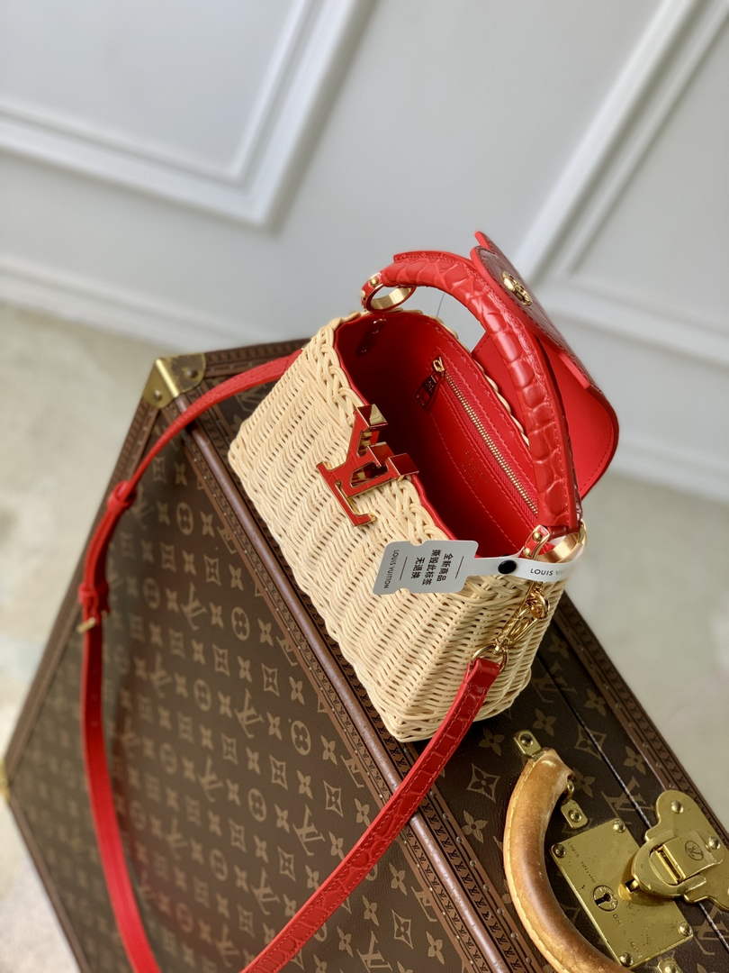 Louis Vuitton Capucines Mini Bag, M11798 Red Crocodile and Rattan
