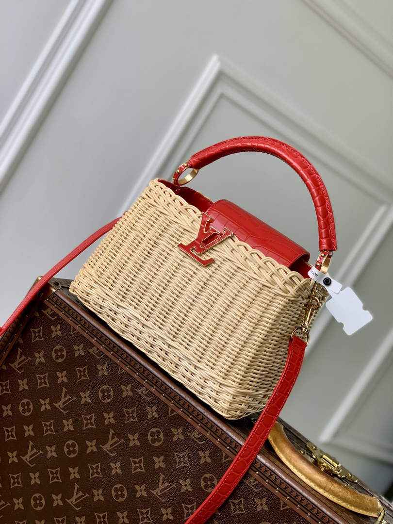 Louis Vuitton Capucines BB Bag, N88126 Red Crocodile and Rattan