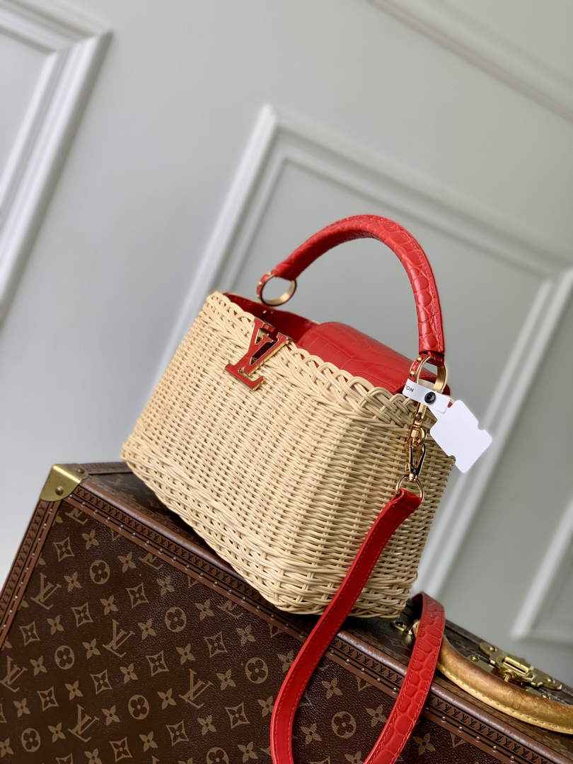 Louis Vuitton Capucines BB Bag, N88126 Red Crocodile and Rattan