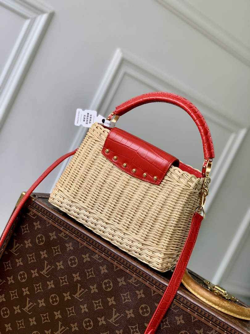 Louis Vuitton Capucines BB Bag, N88126 Red Crocodile and Rattan