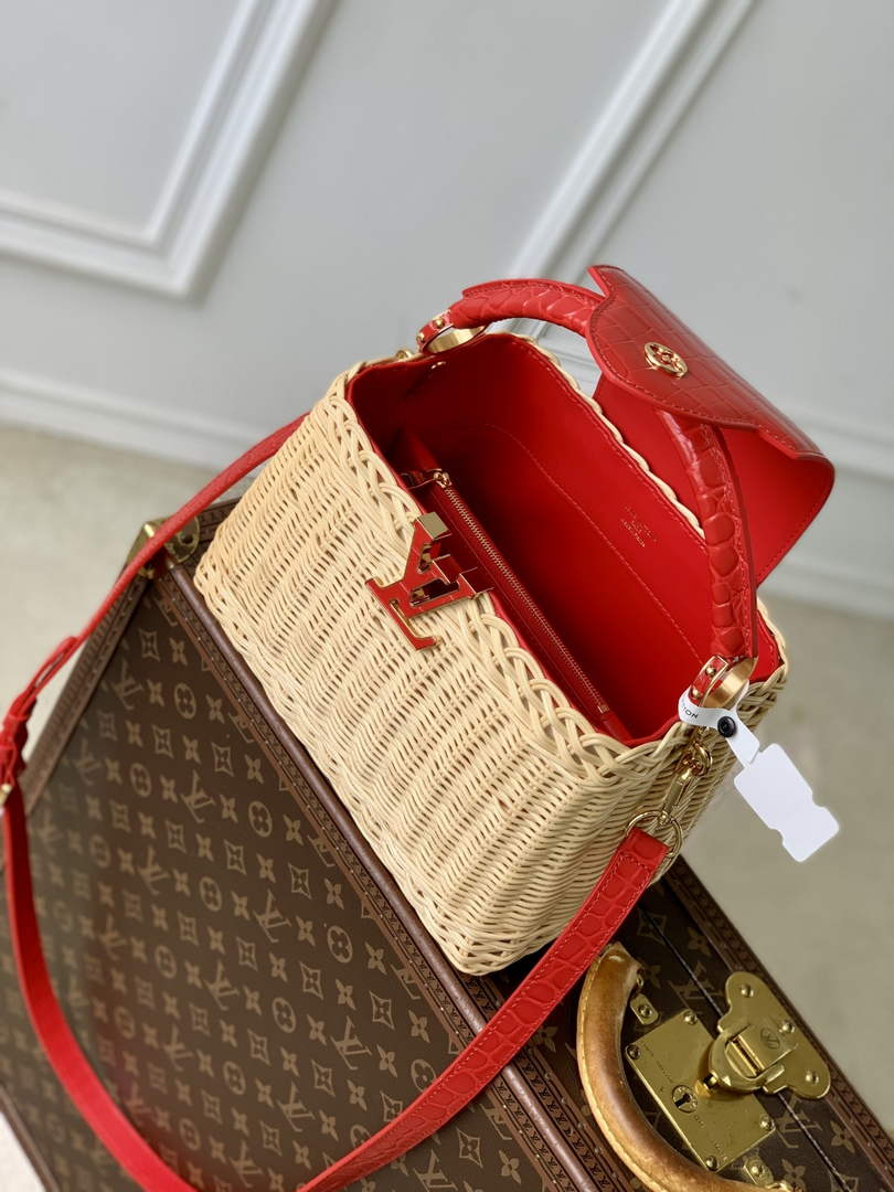 Louis Vuitton Capucines BB Bag, N88126 Red Crocodile and Rattan