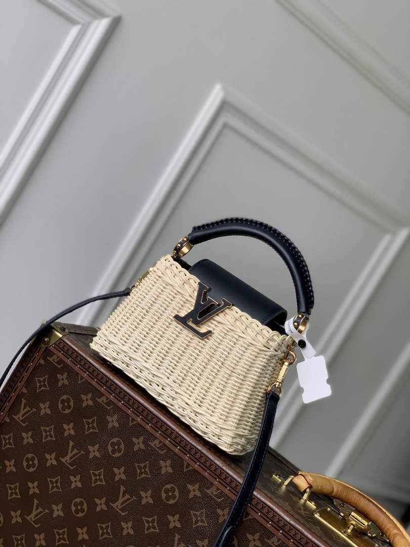 Louis Vuitton Capucines Mini Bag, M14365 Navy Rattan and cowhide leather
