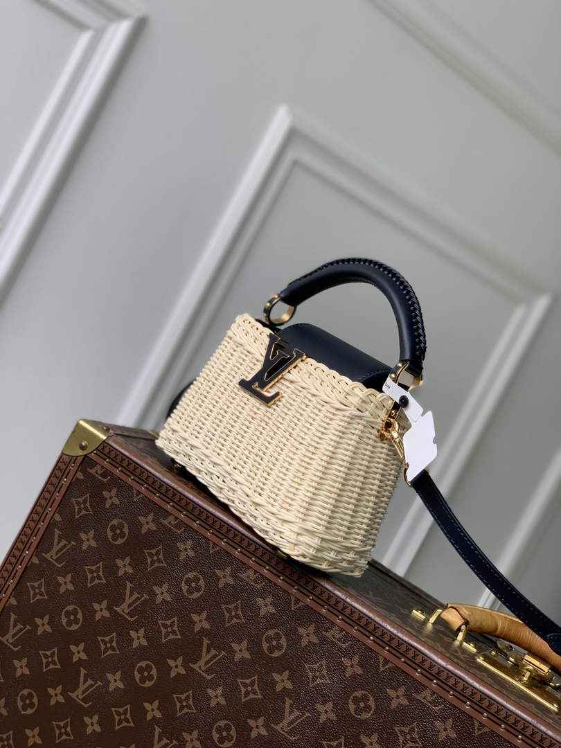 Louis Vuitton Capucines Mini Bag, M14365 Navy Rattan and cowhide leather
