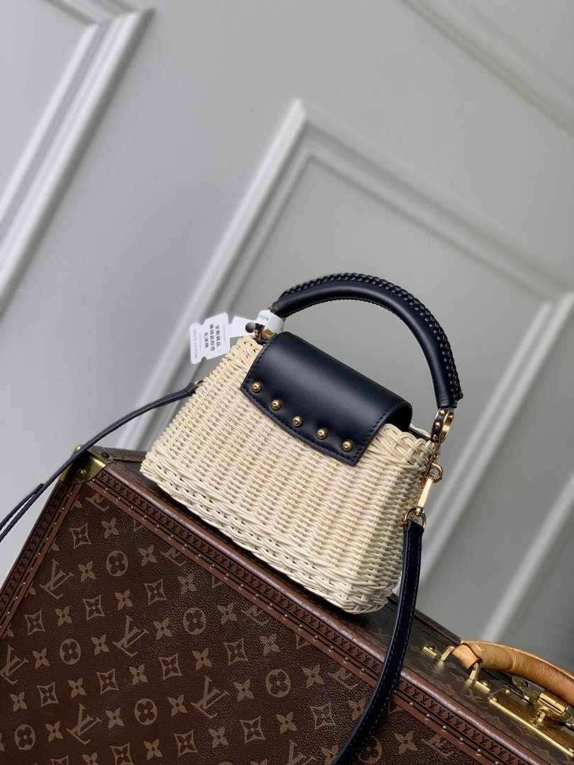 Louis Vuitton Capucines Mini Bag, M14365 Navy Rattan and cowhide leather