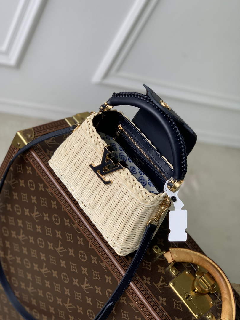 Louis Vuitton Capucines Mini Bag, M14365 Navy Rattan and cowhide leather