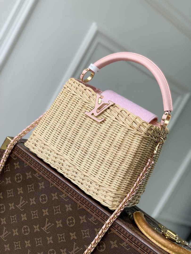 Louis Vuitton Capucines BB Bag, M26025 Washed Pink Rattan and denim