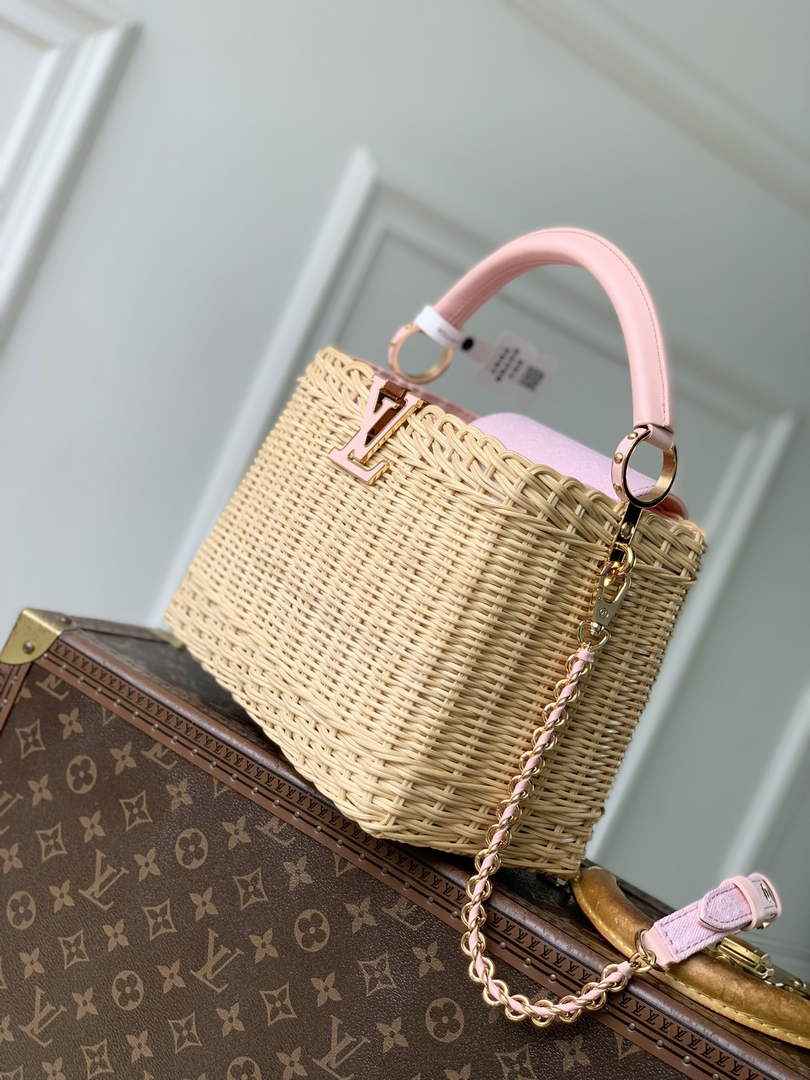 Louis Vuitton Capucines BB Bag, M26025 Washed Pink Rattan and denim