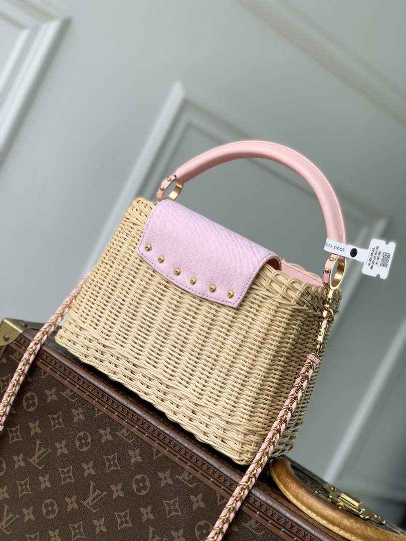 Louis Vuitton Capucines BB Bag, M26025 Washed Pink Rattan and denim
