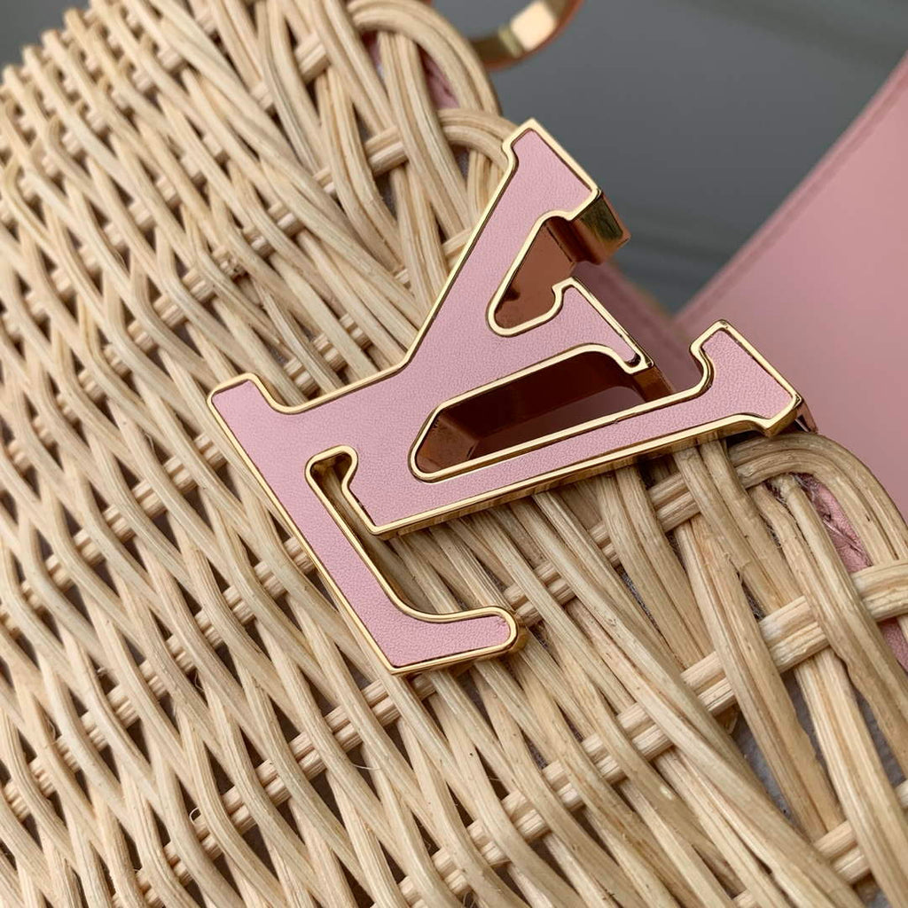 Louis Vuitton Capucines BB Bag, M26025 Washed Pink Rattan and denim
