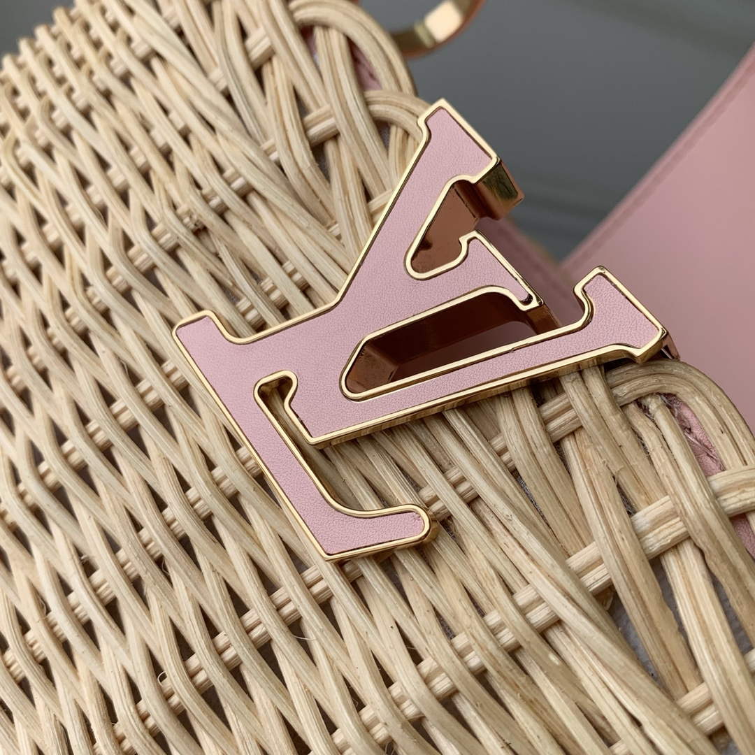 Louis Vuitton Capucines BB Bag, M26025 Washed Pink Rattan and denim