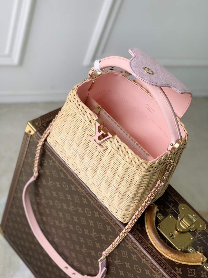 Louis Vuitton Capucines BB Bag, M26025 Washed Pink Rattan and denim