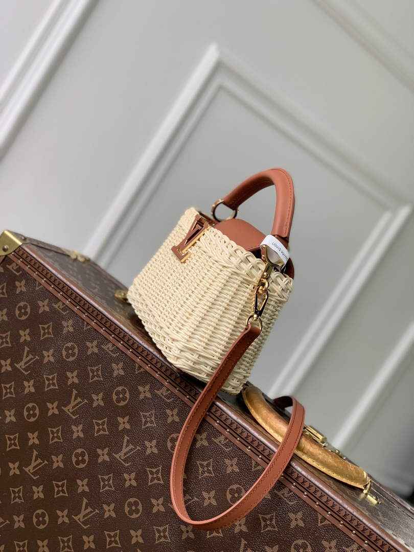 Louis Vuitton Capucines Mini Bag, M14365 Brown Rattan and cowhide leather