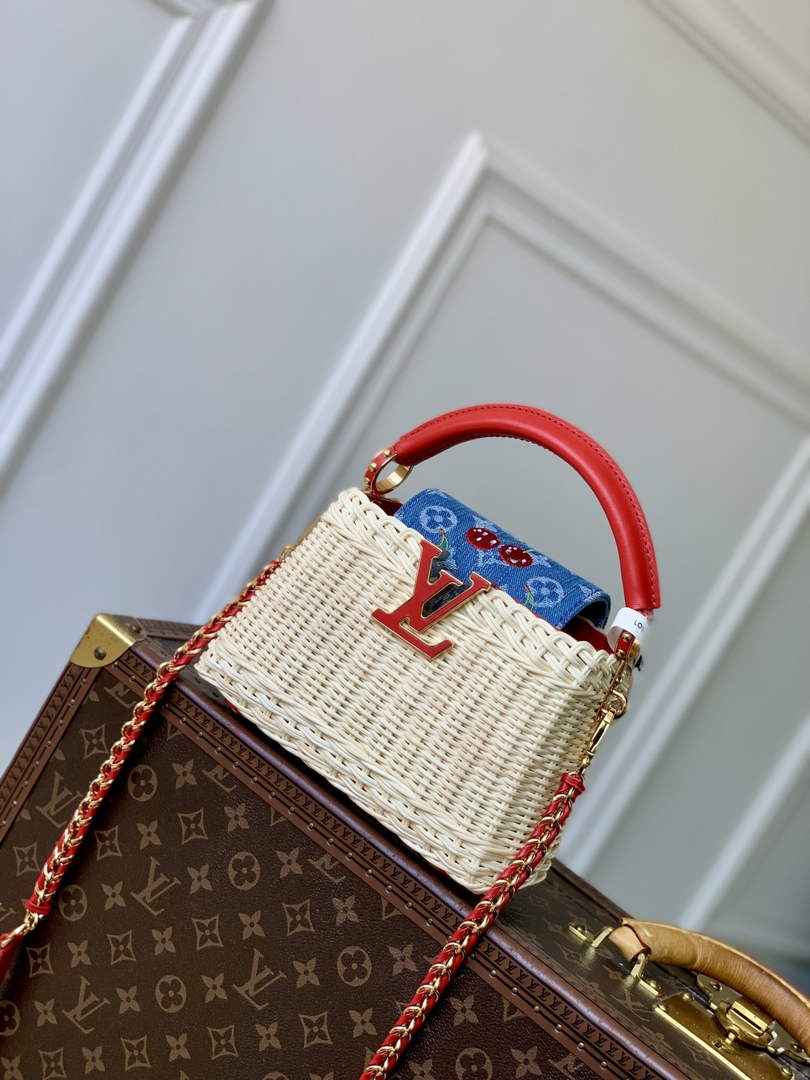 Louis Vuitton Capucines Mini Bag, M14295 Washed Blue Rattan and denim