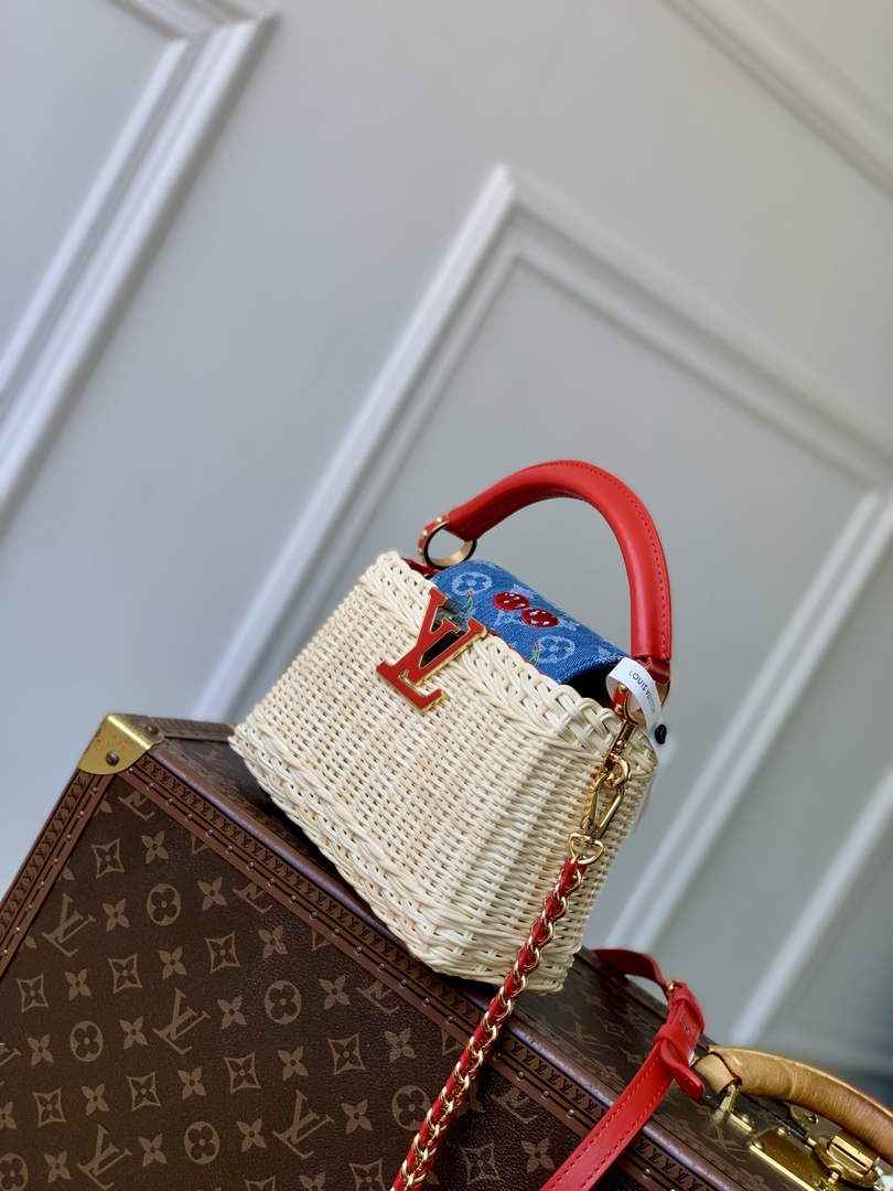 Louis Vuitton Capucines Mini Bag, M14295 Washed Blue Rattan and denim