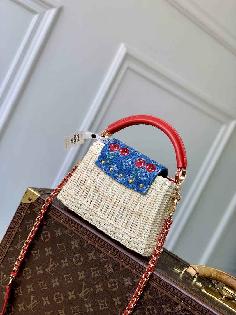 Louis Vuitton Capucines Mini Bag, M14295 Washed Blue Rattan and denim