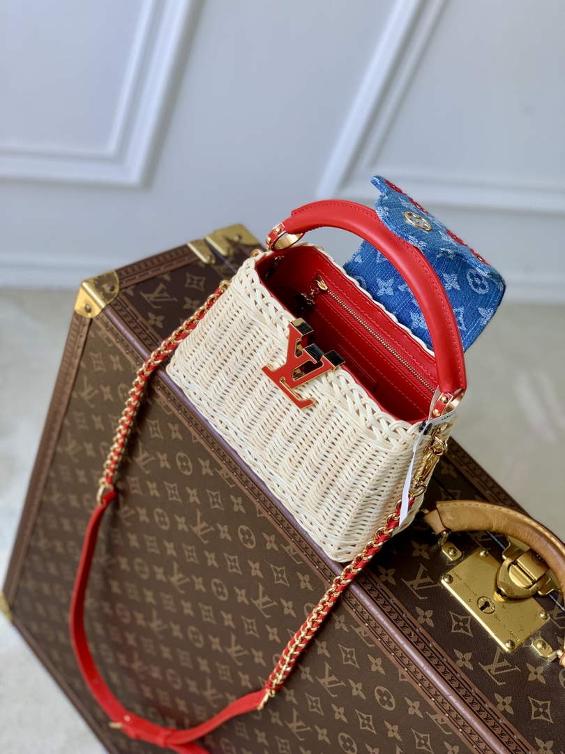 Louis Vuitton Capucines Mini Bag, M14295 Washed Blue Rattan and denim