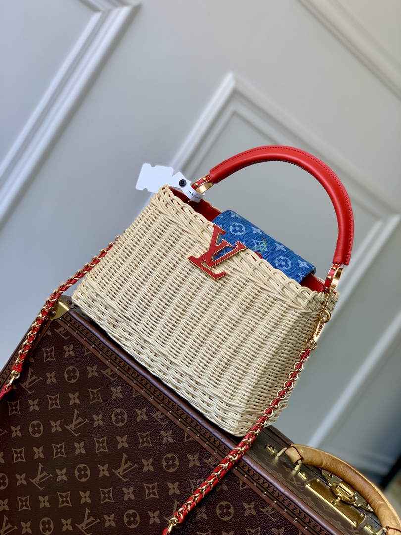 Louis Vuitton Capucines BB Bag, M26025 Washed Blue Rattan and denim
