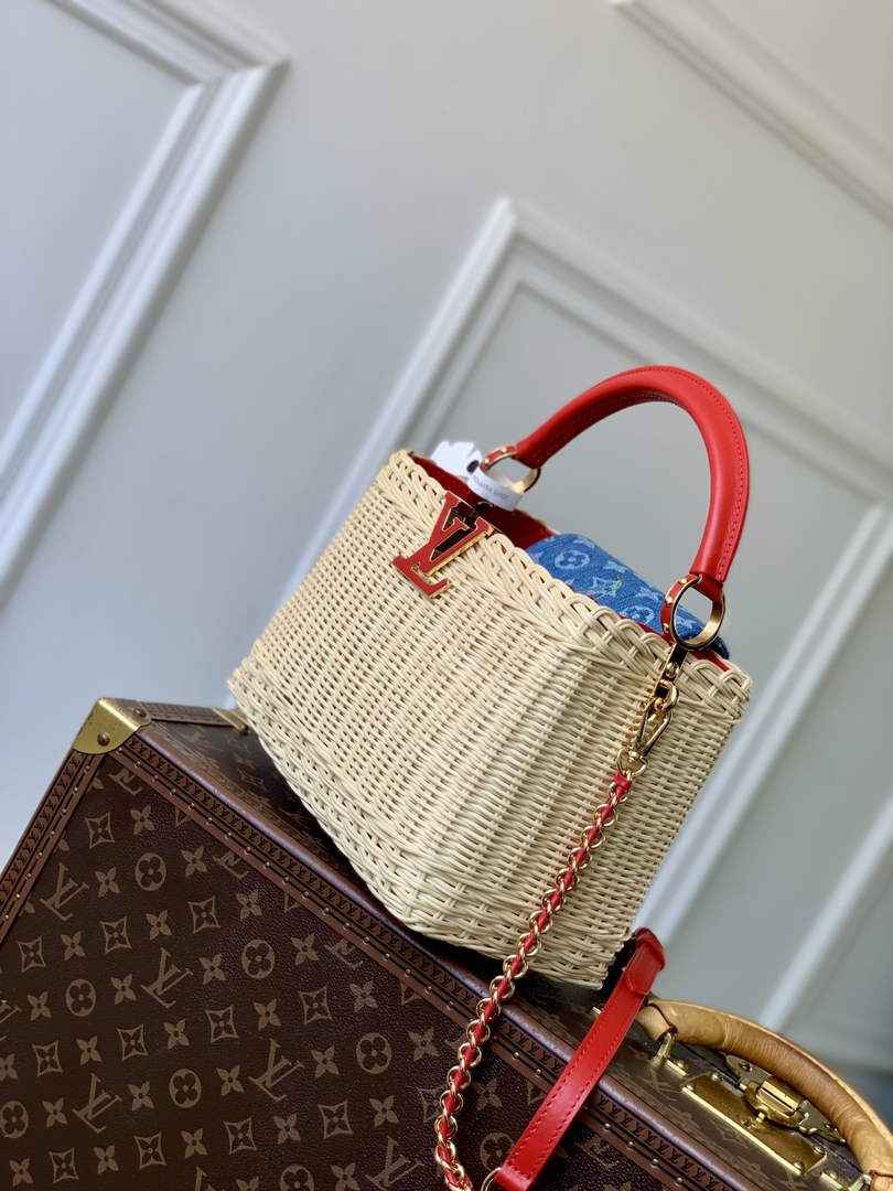 Louis Vuitton Capucines BB Bag, M26025 Washed Blue Rattan and denim