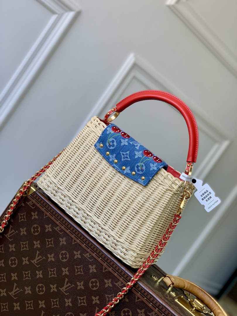 Louis Vuitton Capucines BB Bag, M26025 Washed Blue Rattan and denim