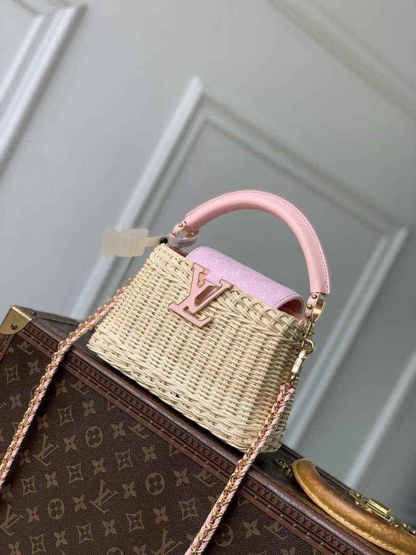 Louis Vuitton Capucines Mini Bag, M28548 Washed Pink Rattan and denim