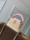 Louis Vuitton Capucines Mini Bag, M28548 Washed Pink Rattan and denim