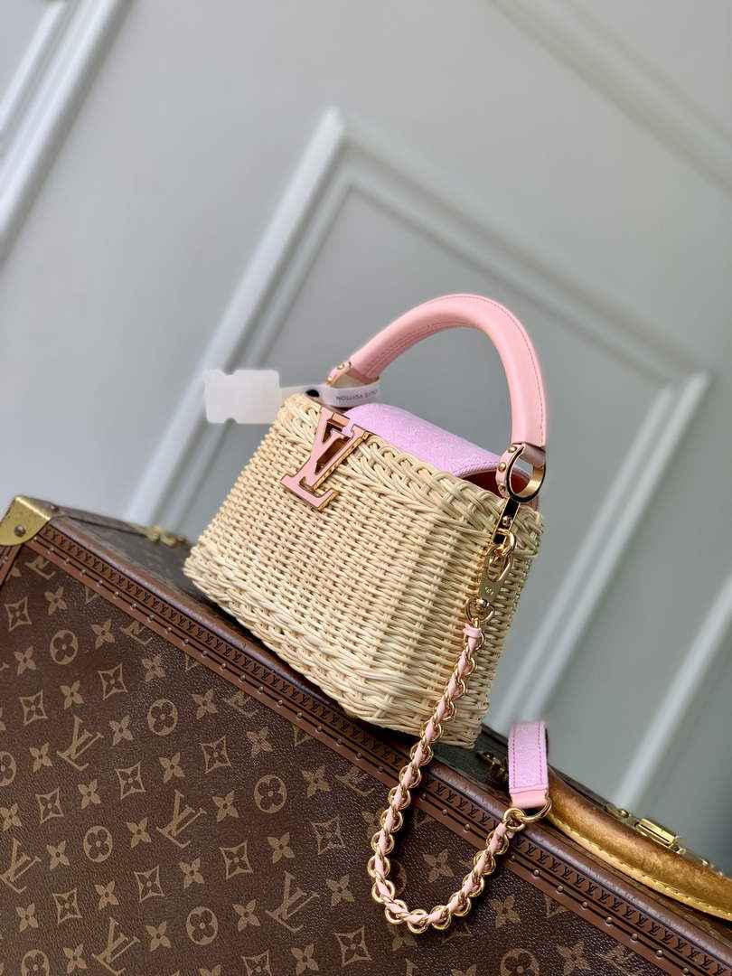 Louis Vuitton Capucines Mini Bag, M28548 Washed Pink Rattan and denim