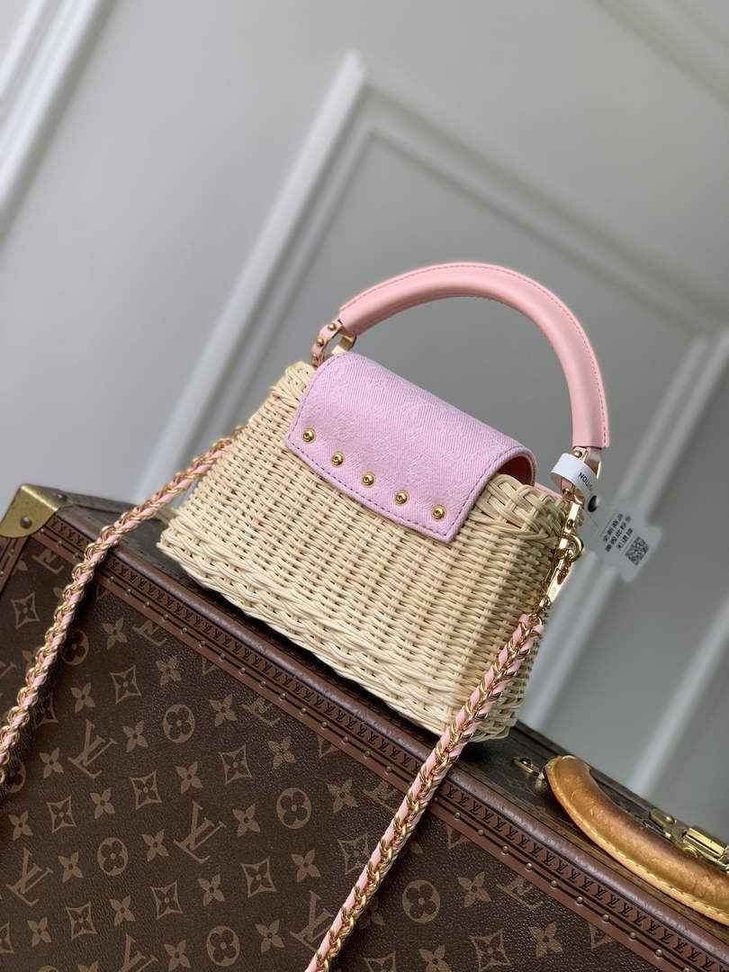 Louis Vuitton Capucines Mini Bag, M28548 Washed Pink Rattan and denim