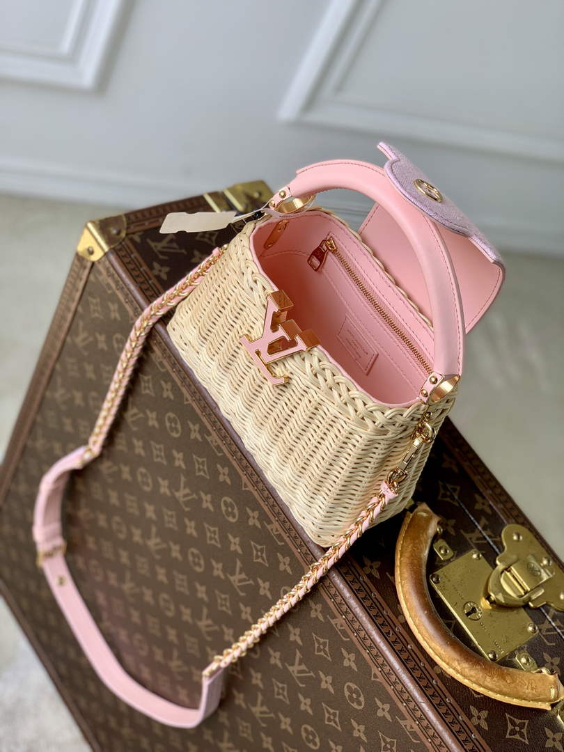Louis Vuitton Capucines Mini Bag, M28548 Washed Pink Rattan and denim