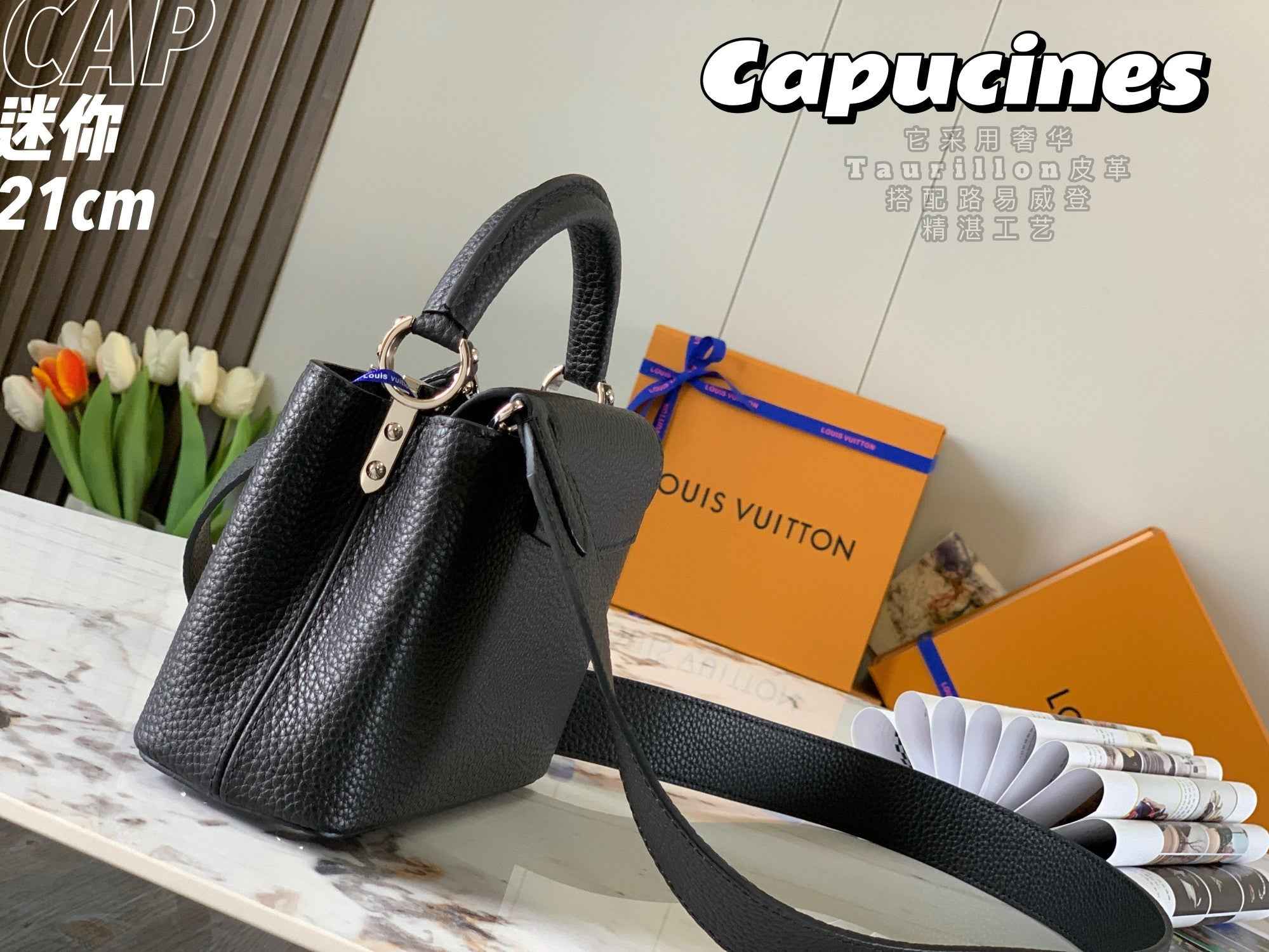 Louis Vuitton Capucines Mini Bag M56071 Black Leather Silver
