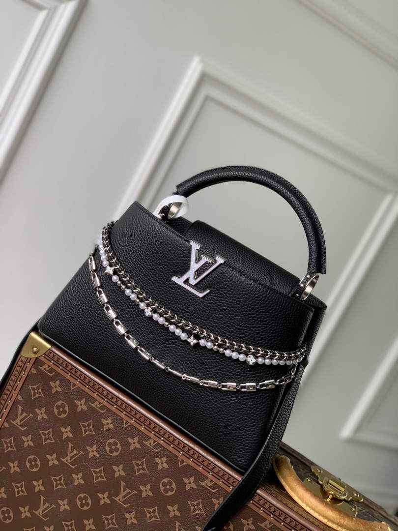 Louis Vuitton Capucines MM Bag, M27035 In Black Taurillon Leather Silver
