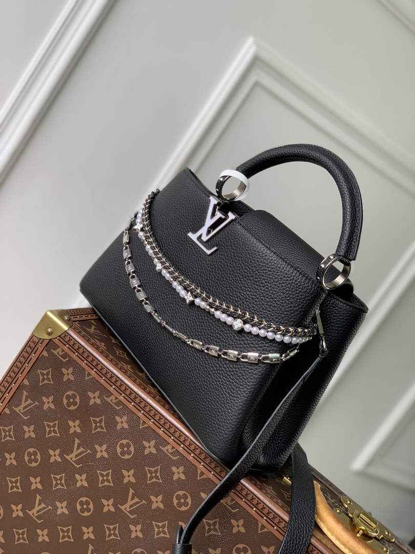Louis Vuitton Capucines MM Bag, M27035 In Black Taurillon Leather Silver