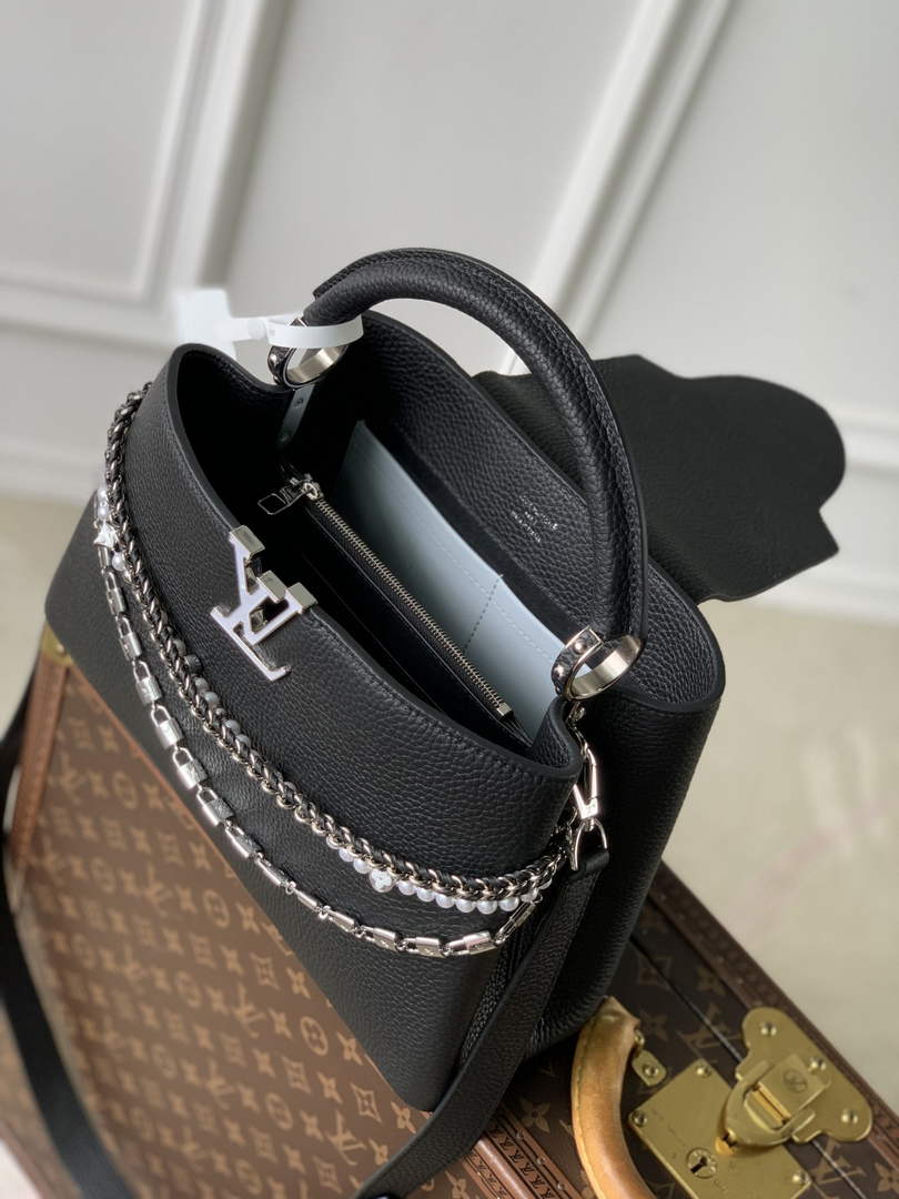 Louis Vuitton Capucines MM Bag, M27035 In Black Taurillon Leather Silver