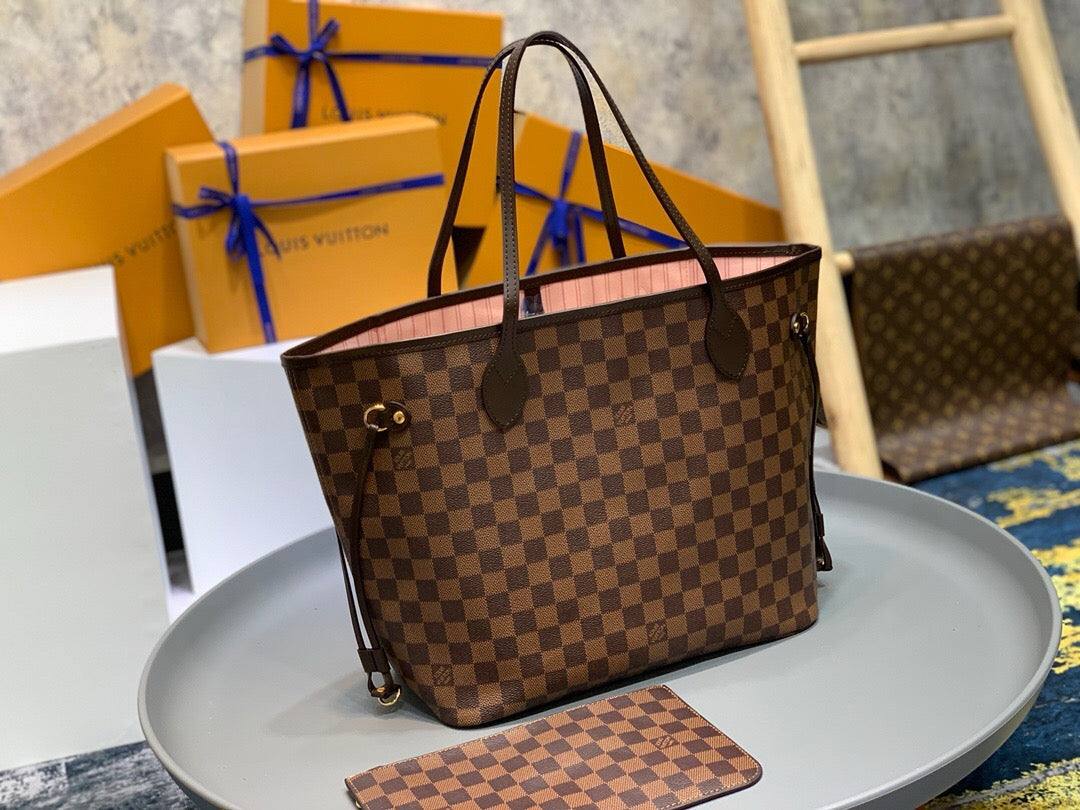 Louis Vuitton Neverfull MM Bag N41603 Damier Ebene Canvas Pink